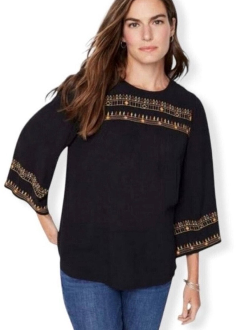 J Jill Large Black Peasant Blouse Cotton Crinkle Embroider Hippie Bohemian Gauze